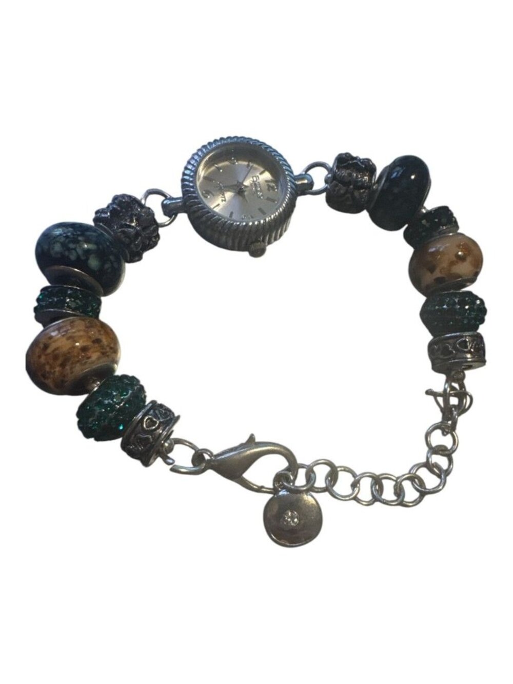 Beaded Wristwatch Bracelet With Quartz Movement & Adjustable Chain - Green Brown
